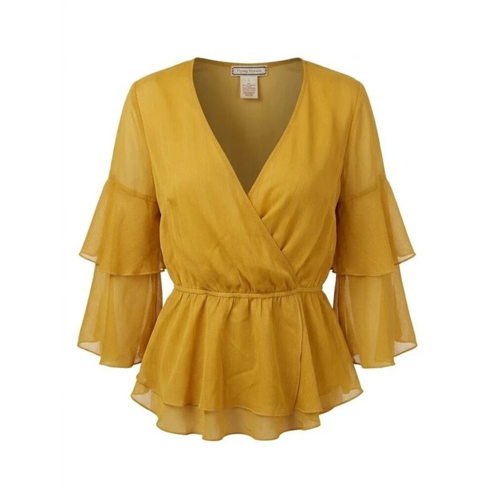 Flying Tomato Mustard Yellow Wrap Blouse Tiered Ruffle Bell Sleeve Peplum L Boho